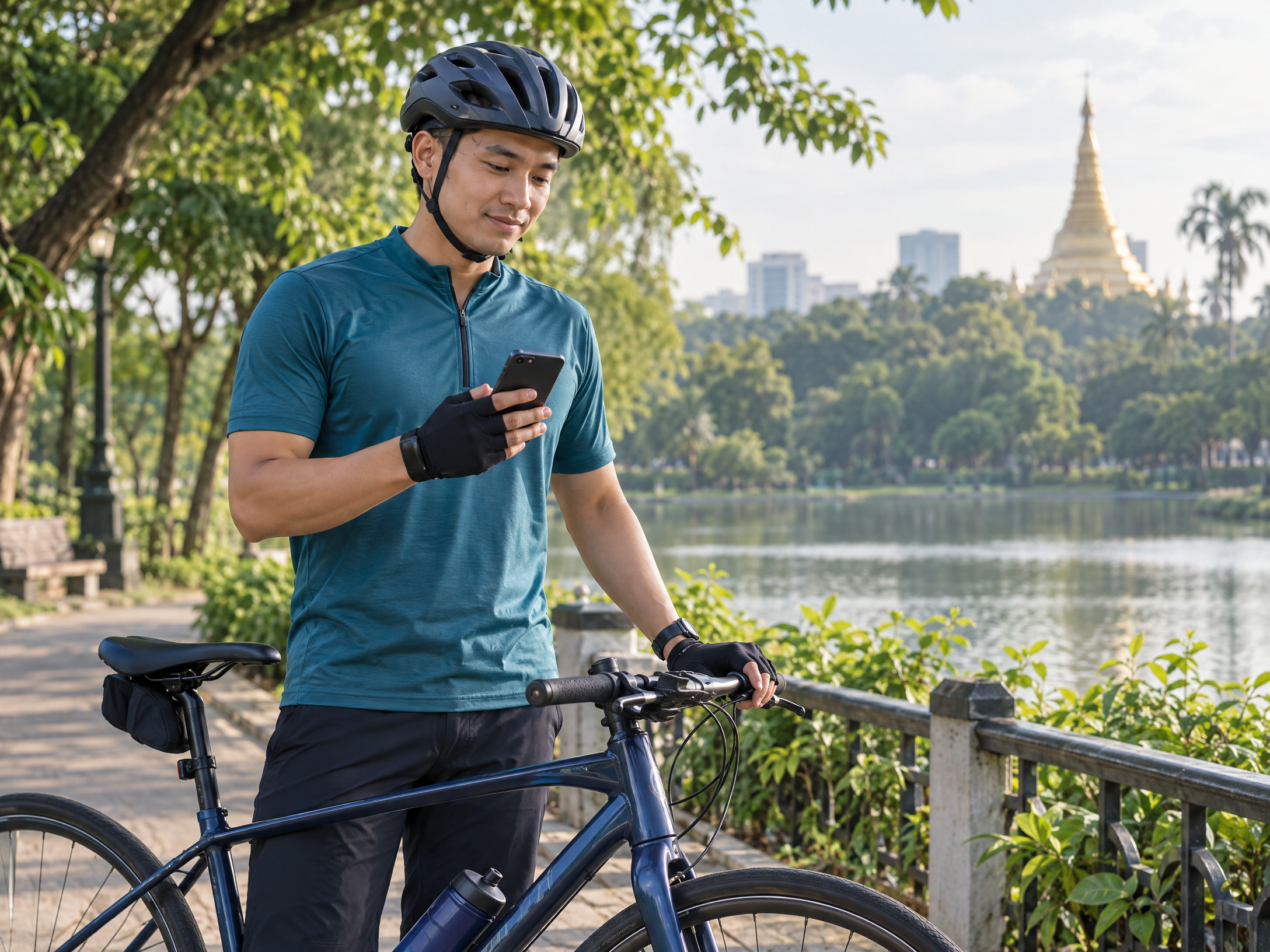 Cyclist safely pausing on a leafy urban path