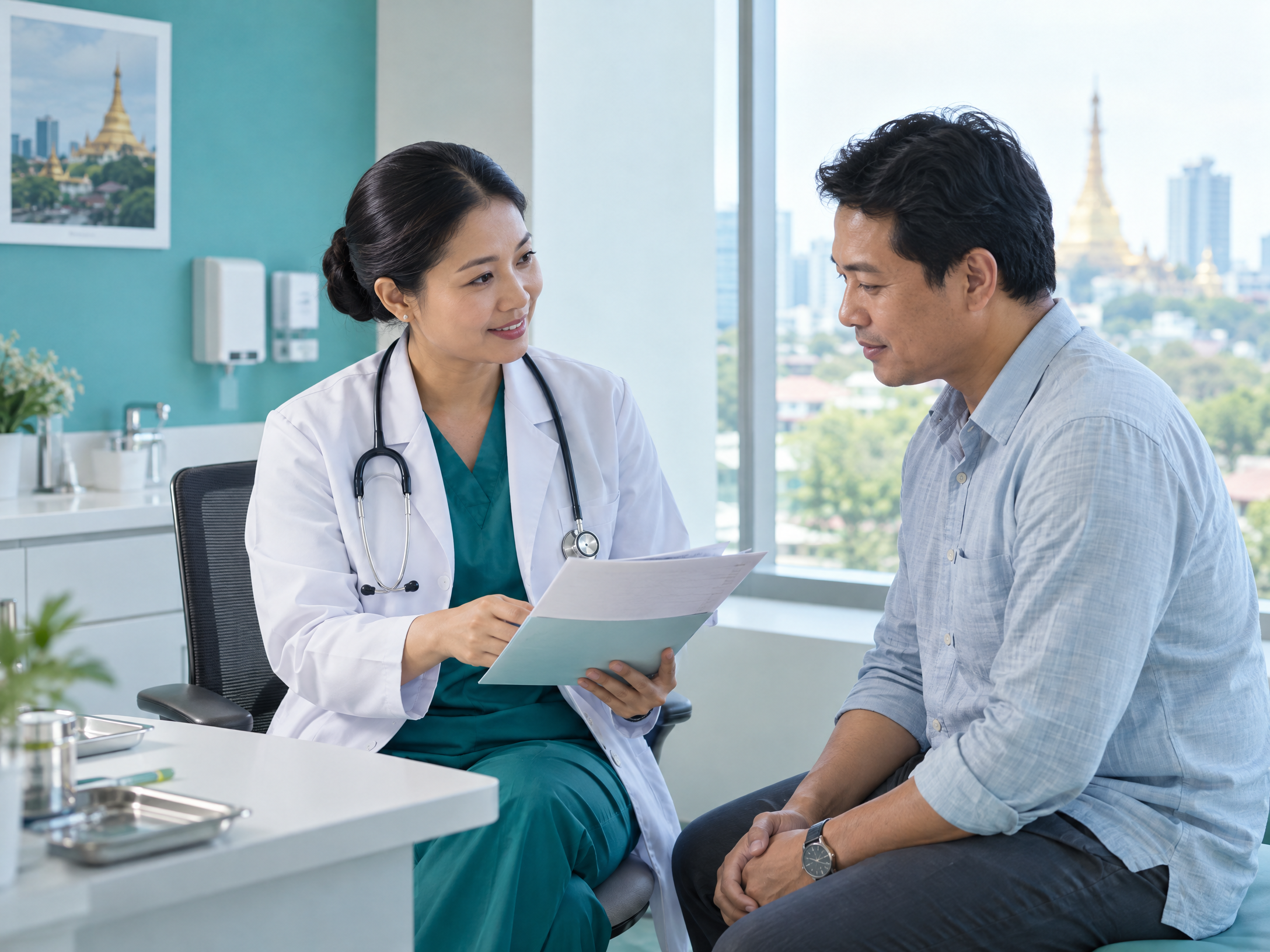 Patient speaking with a medical professional in a clinic